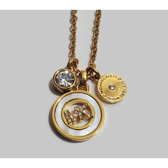 Michael Kors Mother-of-Pearl Rhinestone Logo MK Necklace New - Picture 2 of 5